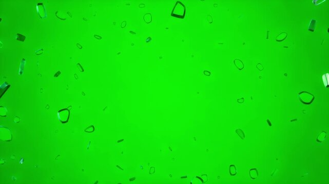Abstract animation of a transparent glass ring shattering into sharp fragments on a vibrant green screen background. Ideal for visual effects and transitions.