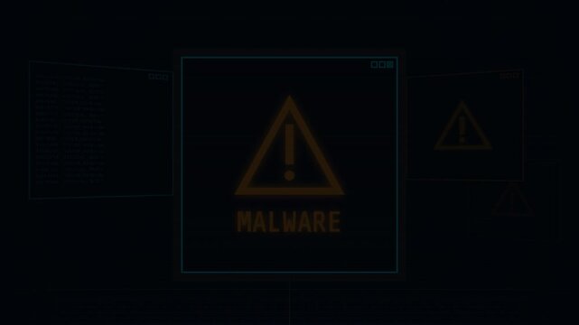 Dark Malware Warning Icon Cybersecurity Motion. Minimalist dark warning window displaying malware alert sign. Great for subtle cybersecurity, system error, data breach, and hacker.