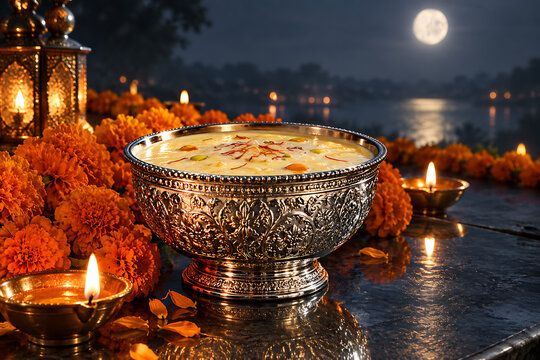 Festive sweet dessert presented in silver bowl surrounded by marigolds and glowing diyas to celebrate sharad purnima alongside beautiful kojagori lakshmi puja
