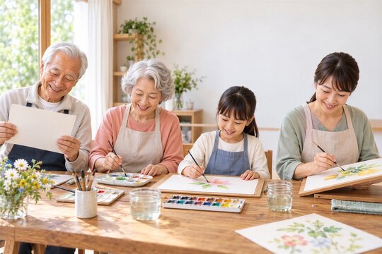 自宅で水彩画を楽しむ日本人の三世代家族