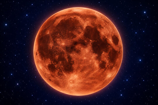 Magnificent glowing reddish orange full moon shining brightly amidst the dark starry night sky traditionally marking sharad purnima and kojagori lakshmi puja