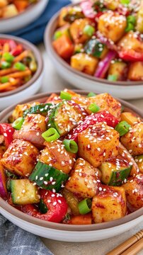 Deliciously seasoned plantbased protein cubes with fresh vegetables are served in bowls.