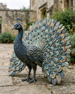 Magnificent Peacock Stone Pebble Art Sculpture with Fanned Tail - Realistic Mosaic Craft  