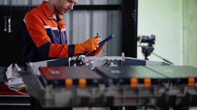 Caucasian technician uses a rugged diagnostic tablet and handles battery wiring connectors behind a blurred row of electric vehicle battery modules in the workshop