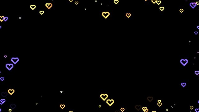 黄色と紫色の8bitハートが浮かぶシームレスループフレームアニメーション 背景透過