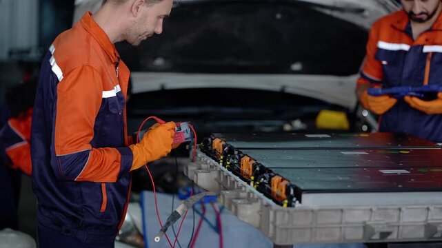 Caucasian technician tests electric vehicle battery pack cells with a multimeter while bearded colleague checks tablet diagnostics and woman works beside the open car hood