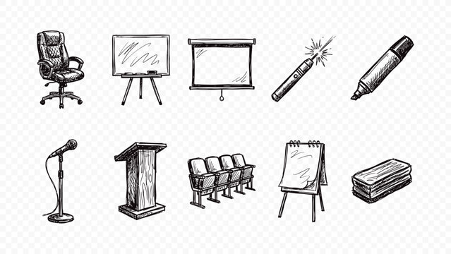 Hand drawn presentation and office meeting doodle vector icons set