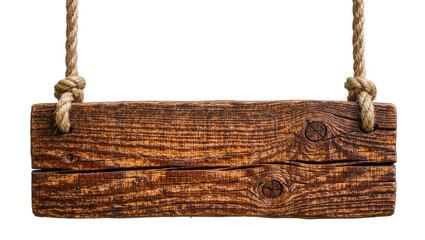 Rustic wooden plank sign with thick rope hangers, isolated on transparent background © Denis