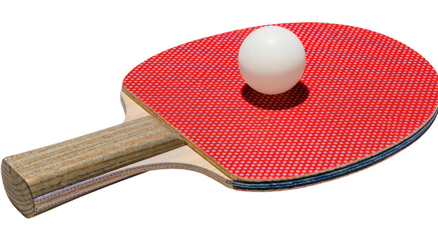 Red ping pong paddle with white ball resting on textured surface, isolated on transparent background