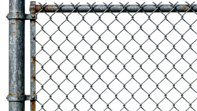 Rusty metal chain link fence with diamond pattern, isolated on transparent background