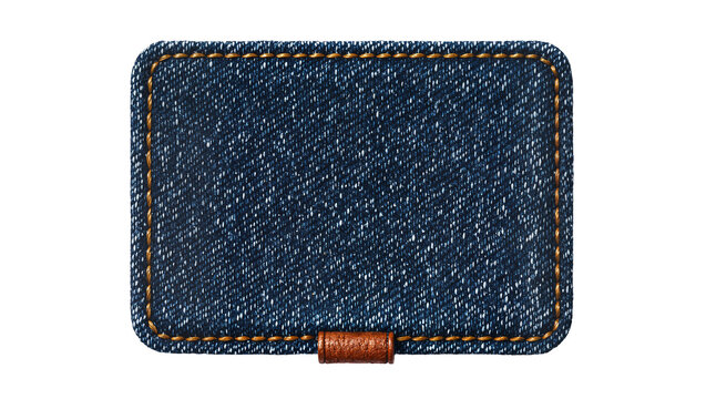 Rectangular blue denim patch with brown stitching and leather tab, isolated on transparent background