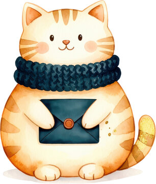 Watercolor cute kitten holding a blank Eid money envelope, Eidi and duit raya clipart