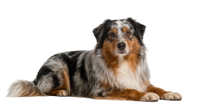 Merle Australian Shepherd dog lying down, isolated on transparent background