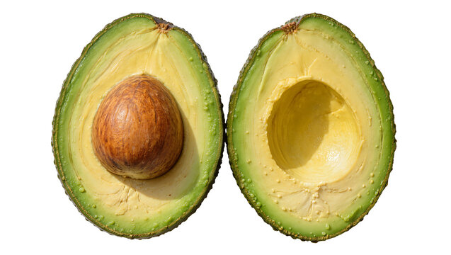 Fresh green avocado cut in half showing seed and creamy flesh, isolated on transparent background