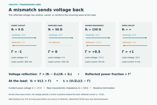 Transmission line voltage reflections for short matched resistive and open loads