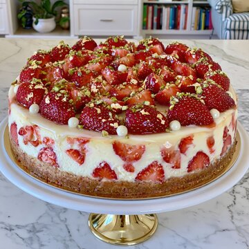 Fresh strawberries and gold leaf adorn a decadent cheesecake on a decorative stand.