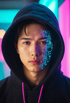close up portrait of young asian man wearing dark hoodie with glowing blue cyberpunk circuit board pattern on cheek under colorful neon lights in a tech setting