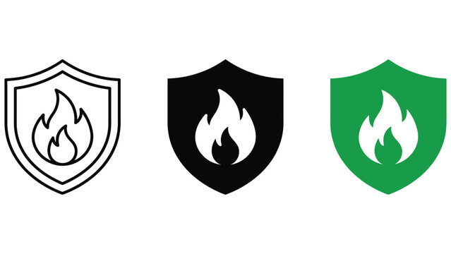 Three shield with fire flame symbol in outline, solid black, and solid green styles for heat, hazard, and fire protection safety concepts