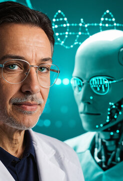 older man with glasses and gray stubble next to turquoise robot head with glowing eyes against dna helix background