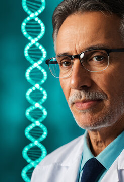 older man with gray hair and black glasses in white lab coat against glowing turquoise dna helix background