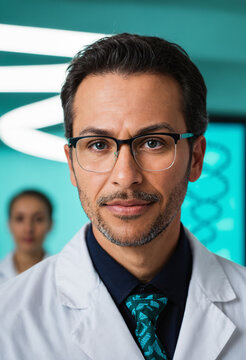 middle aged man with glasses short dark hair and gray goatee wearing white lab coat dark shirt and teal patterned necktie in laboratory setting with dna helix graphic and blurred female colleague