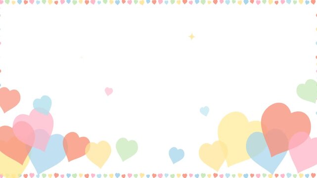 Pastel hearts background with cute colorful floating shapes and border