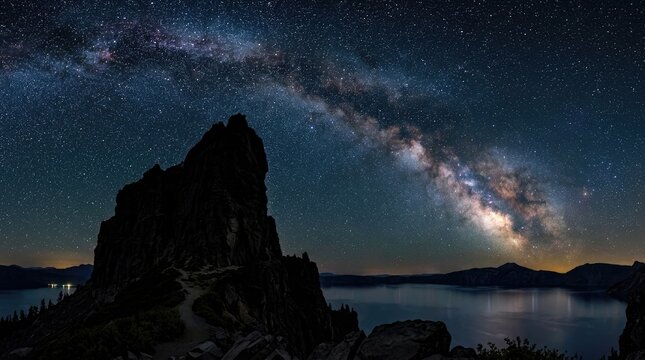 A towering rock formation silhouetted against a breathtaking night sky filled with the Milky Way.