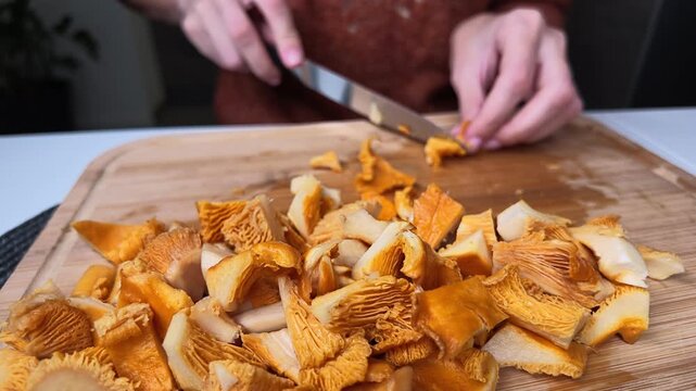video of hands cutting fresh golden chanterelle mushrooms with a kitchen knife on a wooden cutting board