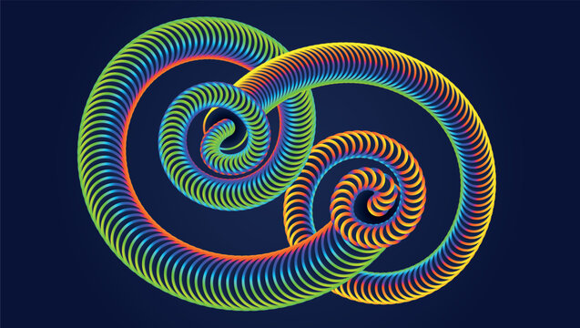 Vibrant Rainbow Spiral Loops with Repeating Curved Lines on Dark Blue Background