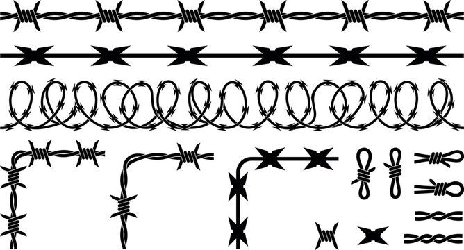 Barbed wire black silhouette brush and corner element set vector illustration isolated on white background