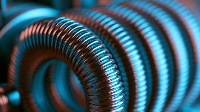 Metallic coil spring macro shot with vibrant blue and copper glow light