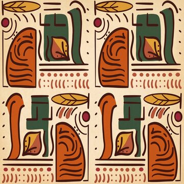 Abstract Ethnic Pattern with Geometric Shapes Autumn Leaves and Earthy Tribal Elements