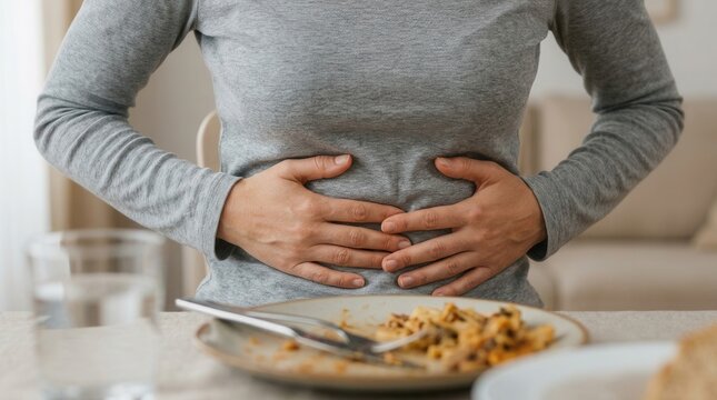 Stomach pain and bloating felt by a woman after a meal