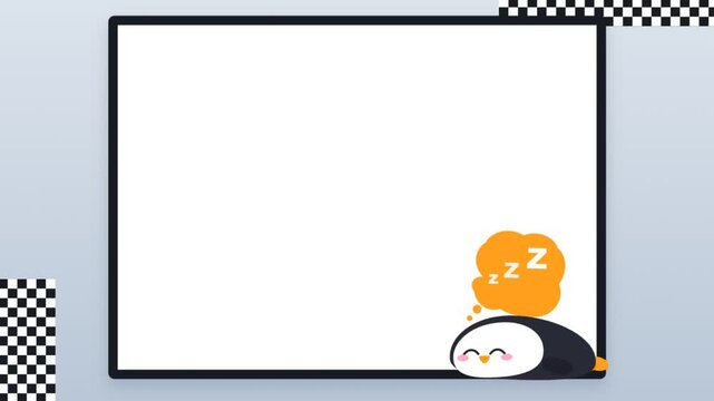 Cute sleeping penguin cartoon animation inside white border frame banner