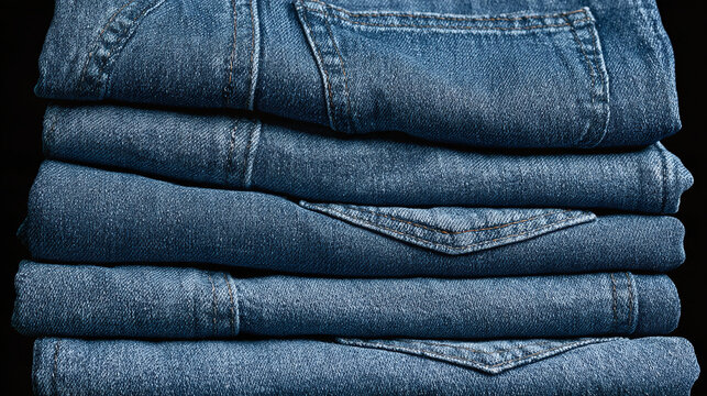 A neat stack of blue denim jeans folded neatly on a dark background