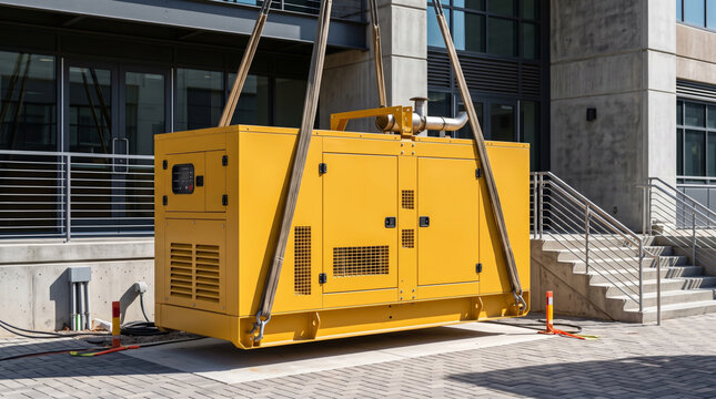 Yellow industrial emergency power generator suspended by lifting straps outside modern commercial building. Alternative backup electricity energy supply system voltage service machine
