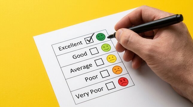 A feedback form being filled out with a hand checking the excellent box and emoticon.