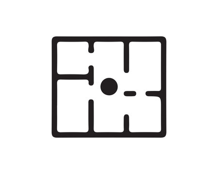 Black floor plan icon with central dot on a simple white square background