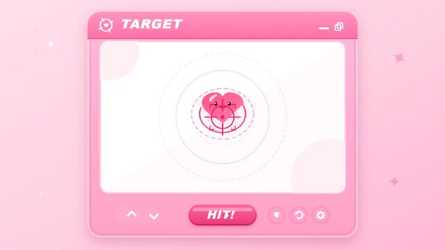 Pink cute heart character game interface target shooting animation on soft pastel background