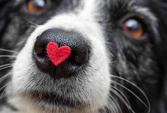 Dog nose with red heart sticker showing affection love pet