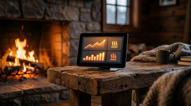 Smart home climate control tablet on a rustic wooden table by fireplace