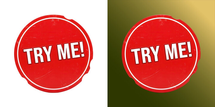 A round red sticker or stamp with the text try me written in white capital letters, isolated on a white background, promotional retail label