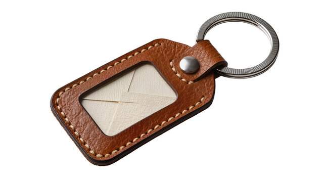 Brown leather keychain with envelope insert, isolated on transparent background