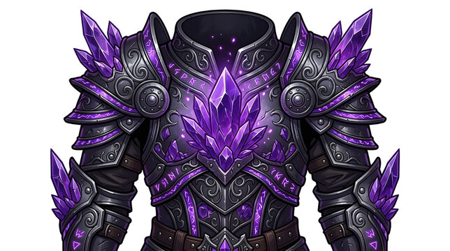 Dark fantasy knight plate armor with glowing purple amethyst crystals, magic gems, and spiked pauldrons isolated on white background