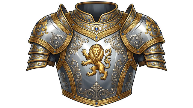 Fantasy royal knight plate armor with golden lion crest, heraldic emblem, and ornate gold trim isolated on white background