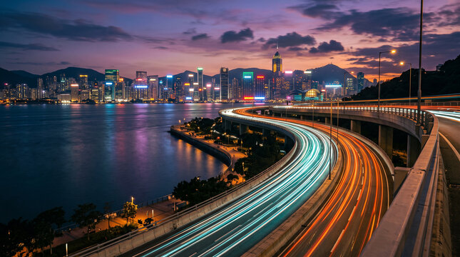 Teal and Orange Light Trails on Elevated Expressway Beside Waterfront Skyline at Dusk