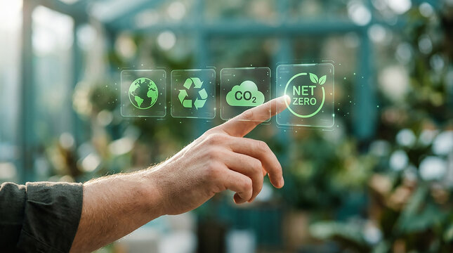 Net Zero Initiative: A hand touches a digital interface displaying environmental icons representing earth, recycling, CO2 reduction, and the net zero target.