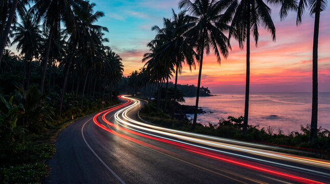 Light Trails on Palm-Lined Tropical Coastal Road at Sunset, Turquoise and Magenta Dusk Sky