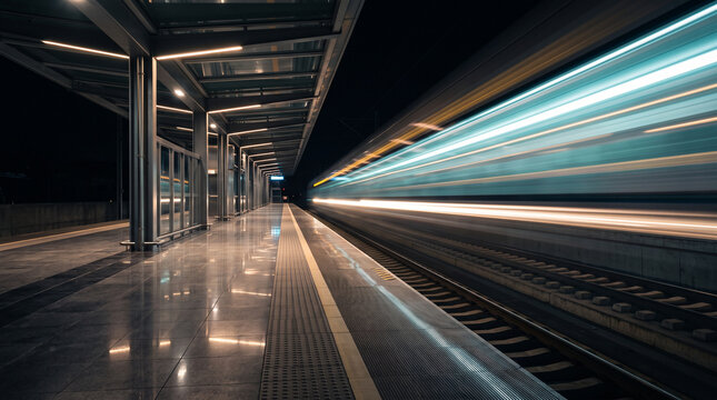 High-Speed Train Light Streaks Passing Empty Railway Platform at Night, Motion Blur Transportation
