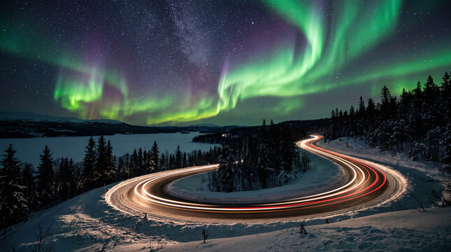 Northern Lights Aurora Over Arctic Road With Warm Light Trails, Snowy Winter Night Landscape